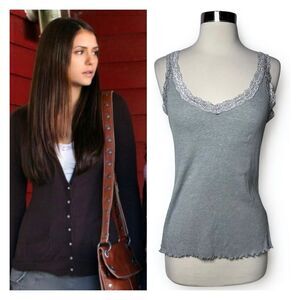 VTG Lace Trim Tank Top ASO Elena Gilbert ALT Size M Gray Y2K Vampire Diaries